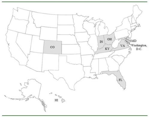 U.S. map with CDEWS states marked